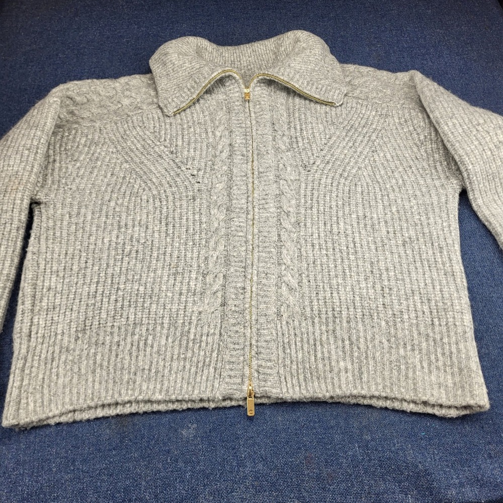 CALIA Gray Cable Knit Full Zip Oversized Cardigan Sweater Large Gold Zipper Cozy